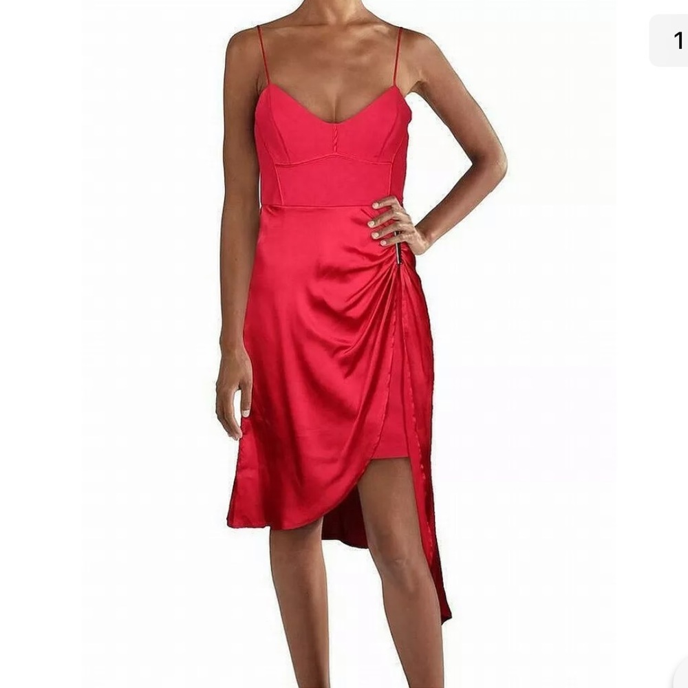 New Guess Red  stretch bustier Satin overlay wrap Dress 0 XS
